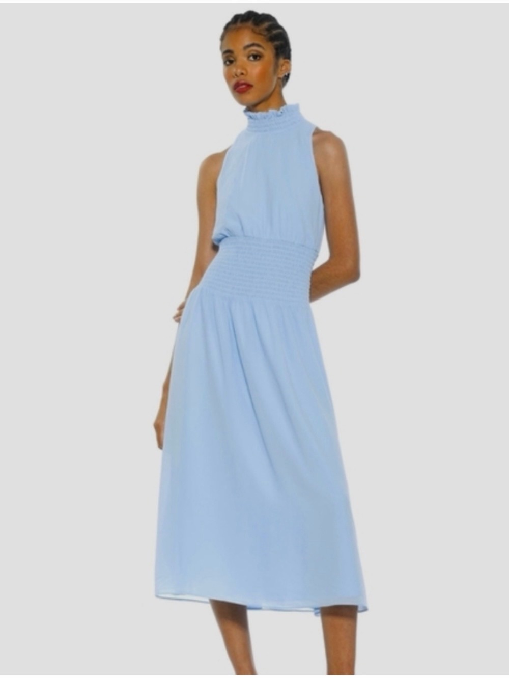 NWT Alexia Admor Light Blue Smocked Waist High-Neck Midi Dress 4